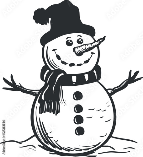 A cheerful snowman wearing a hat and scarf, perfect for winter and holiday themes.