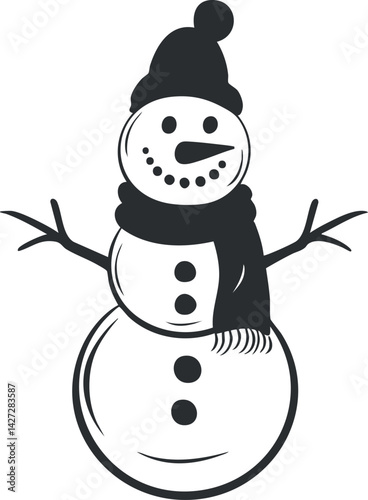 A cheerful snowman wearing a hat and scarf with outstretched arms, perfect for winter themes.