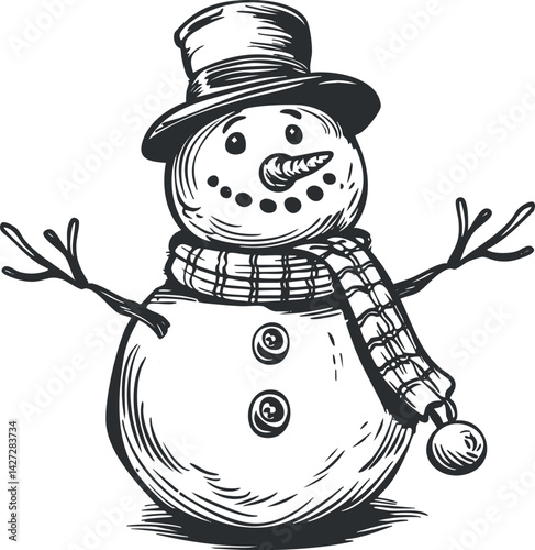 A cheerful snowman wearing a top hat and a scarf, perfect for winter holiday illustrations.