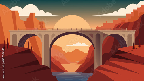 An arched stone bridge adorned with stoic quotes and teachings crossing over a vast canyon reminding us of the wisdom and strength of the stoic. Vector illustration