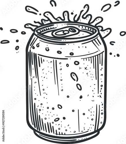 Illustration of a soda can with splashing liquid and carbonation bubbles for refreshing beverage representation.