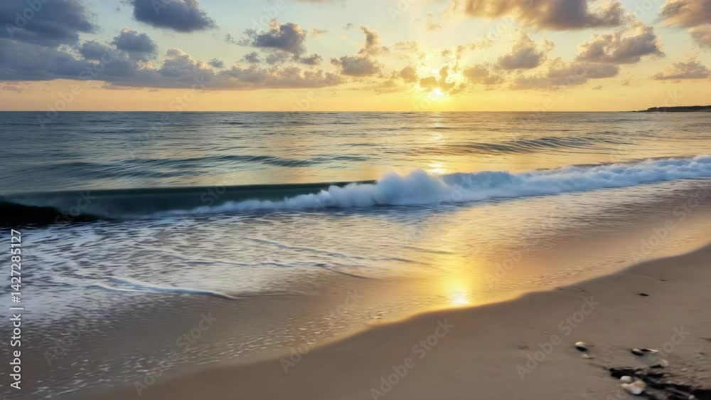 Golden sunset over calm ocean waves on sandy beach Golden sunset over calm ocean waves on sandy beach