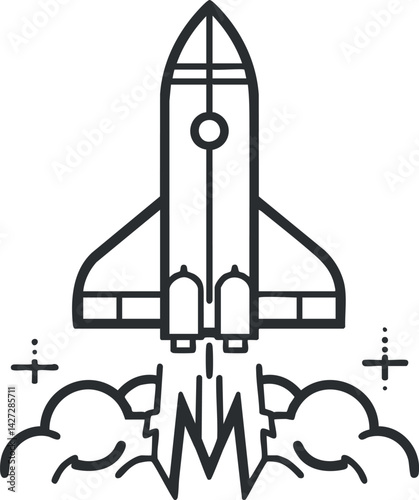 A sleek rocket illustration depicting a launch with dynamic motion and clouds.