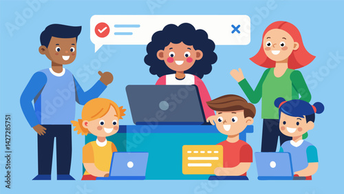 A group of children create strong and unique passwords with the help of the teacher to protect their accounts from hackers.. Vector illustration