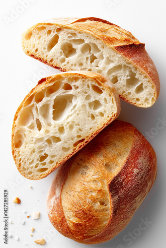 Obraz na płótnie Ciabatta bread halves reveal airy crumb texture in minimalist style. Clean white setting highlights the bread artisanal qualities. Concept of baking, culinary arts, food industry w salonie