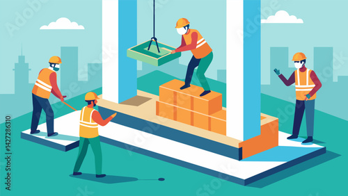In a carefully choreographed process workers seamlessly connect precast concrete floor slabs creating the first levels of a new office tower.. Vector illustration