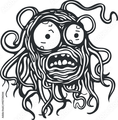 A whimsical cartoon monster with wild hair and an exaggerated fearful expression.