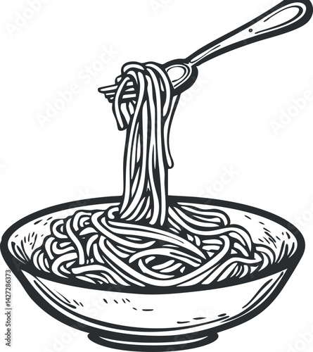 A hand drawn illustration of a fork twirling noodles in a bowl of pasta.
