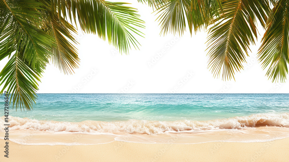 Fototapeta premium Tropical beach scene with palm tree fronds framing turquoise water and sandy shore, offe a serene coastal paradise for vacations and relaxation experiences.
