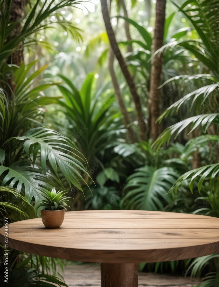 realistic table background. Interior table for a cosmetic item against the blurred and out of focus backdrop of jungle. realistic table background. Interior table for a cosmetic item against the blurred and out of focus backdrop of jungle.