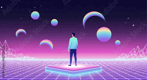 Vector Illustration of a Person Observing Planets Against a Neon Background  