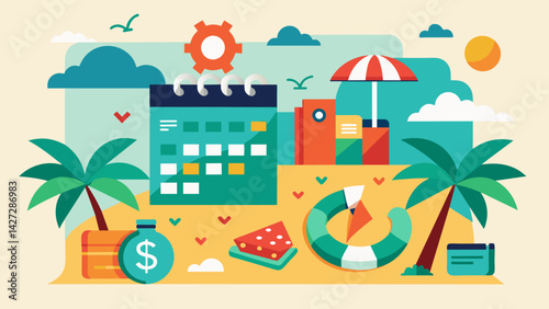 A themed calendar featuring images of beach vacations and exotic destinations reminding borrowers to stay focused in order to pay off their student. Vector illustration