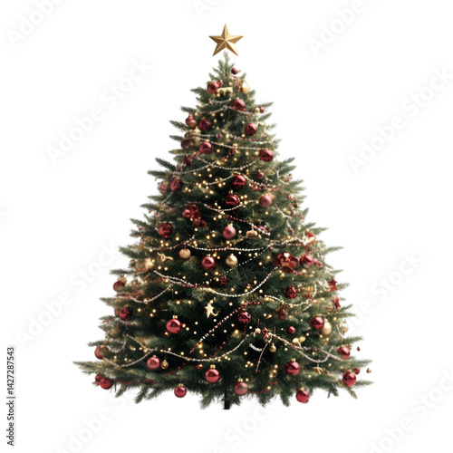 Decorated Christmas tree with red ornaments gold star and lights festive winter holiday season