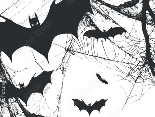 A spooky illustration featuring black bats and spiderwebs against a white background.