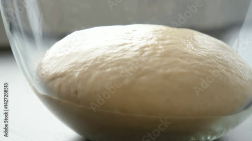 Static time-lapse shot observes a ball of smooth bread dough significantly expanding and rising in a glass bowl over time, nearly doubling in size