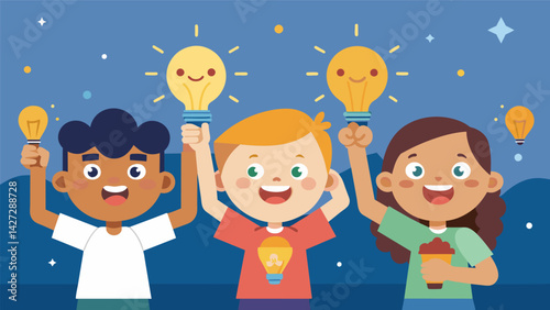 Smiling faces lighting up the room as children proudly hold up their newly printed creations made entirely by themselves.. Vector illustration