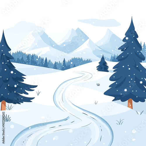 Snowy Winter Scene of Mountains Forest with Pathway and Snowfall