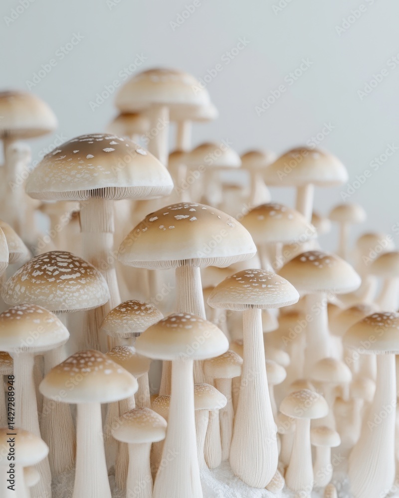 Obraz premium A cluster of delicate light brown mushrooms with white spots, showcasing a natural and serene arrangement.