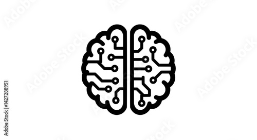 Black and White Brain Circuit Vector Icon - Thick Lines, Isolated