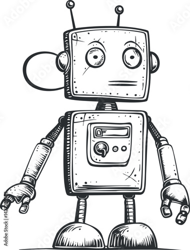 A playful cartoon robot character with a square head and expressive features.