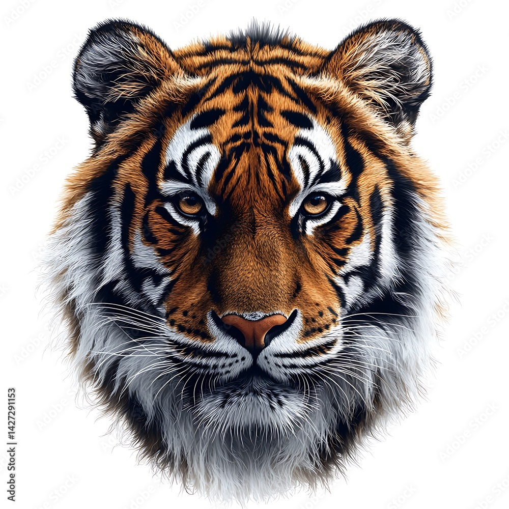 Naklejka premium Majestic Tiger Face Close Up Photo Detailed Fur And Striking Eyes On White