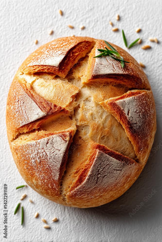 Rustic country bread with cracked surface centered on white backdrop. Captivating detail showcasing artisanal craftsmanship. Concept of culinary arts, bakeries, gourmet food