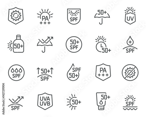 Editable vector icon set on sun protection with SPF and PA elements. Includes icons for various UV protection levels, SPF, and UVA. Ready for design use.