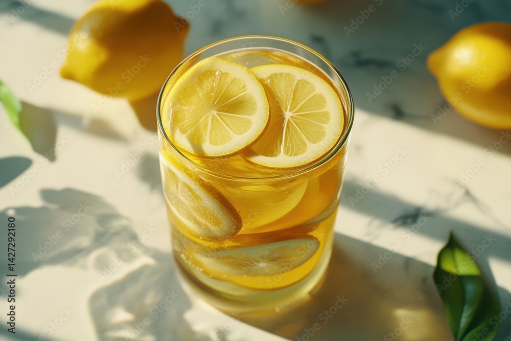 A refreshing glass of lemonade garnished with fresh lemon slices in bright, sunny lighting. A refreshing glass of lemonade garnished with fresh lemon slices in bright, sunny lighting.