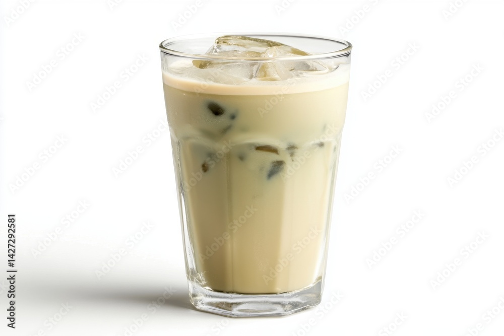 Chilled creamy beverage, with ice cubes, in a clear glass on a light background. Chilled creamy beverage, with ice cubes, in a clear glass on a light background.
