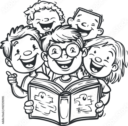 A joyful group of children enthusiastically reading a book together, celebrating friendship and learning.
