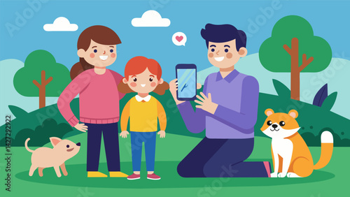 A family at the park using their phone to video chat with the vet about their gerbils sudden weight loss.. Vector illustration