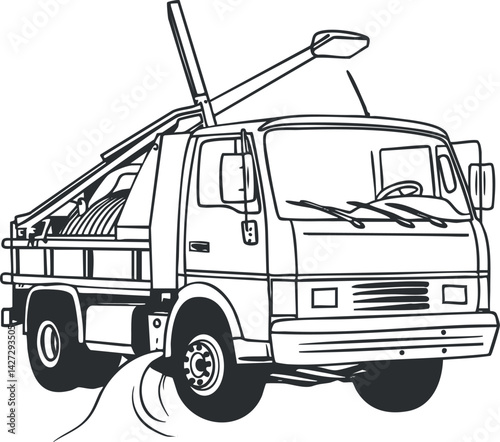 Illustration of a utility truck designed for construction and transportation purposes in black and white.