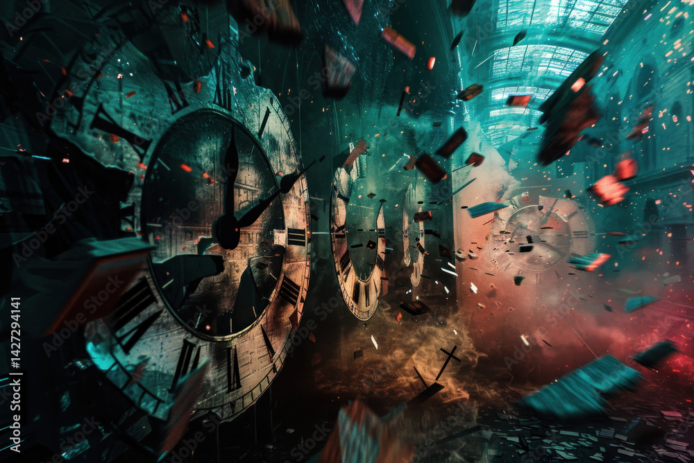 Avant-garde piece exploring the concept of time, featuring fragmented clock faces and surreal lighting effects