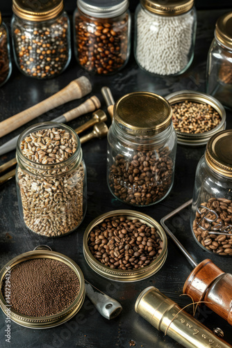 Barley malt arranged in jars by roast levels, with tools like hydrometers and thermometers beside them,
