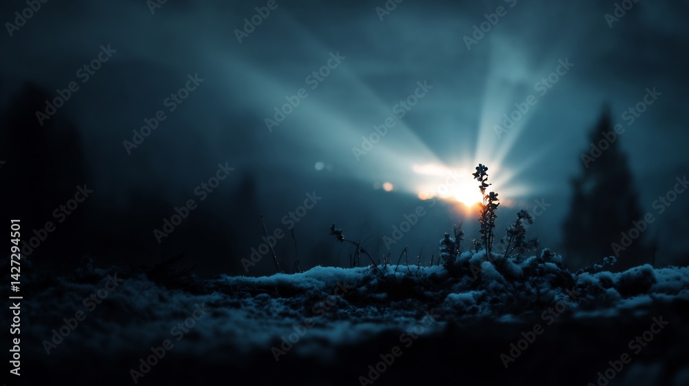 Obraz premium Winter's Breath: Sunlight Piercing Through the Mist on a Frozen Landscape