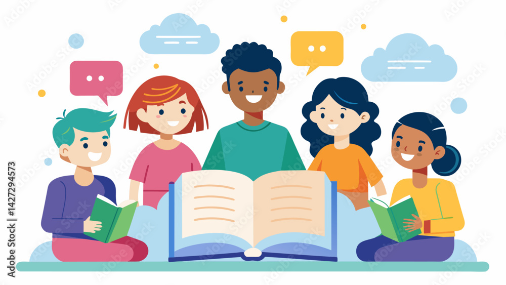 A discussion thread on the book clubs forum where kids share their own ideas for interactive ebook stories they would like to see in the future.. Vector illustration A discussion thread on the book clubs forum where kids share their own ideas for interactive ebook stories they would like to see in the future.. Vector illustration