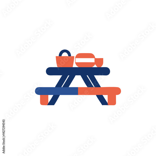 picnic table with basket and food items in a flat design  