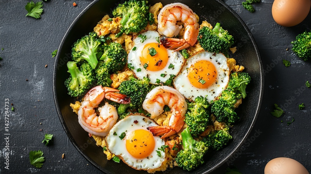 Delicious Shrimp and Broccoli Scramble with Sunny Side Up Eggs Healthy Breakfast Food Photography Gourmet Meal Recipe Image Tasty Dish Restaurant Menu Food Blog Culinary Art Pan Home Diet Lunch Fresh Delicious Shrimp and Broccoli Scramble with Sunny Side Up Eggs Healthy Breakfast Food Photography Gourmet Meal Recipe Image Tasty Dish Restaurant Menu Food Blog Culinary Art Pan Home Diet Lunch Fresh
