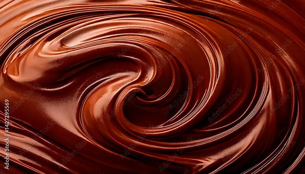 Close-up of smooth swirled chocolate texture, rich brown tones, subtle shine