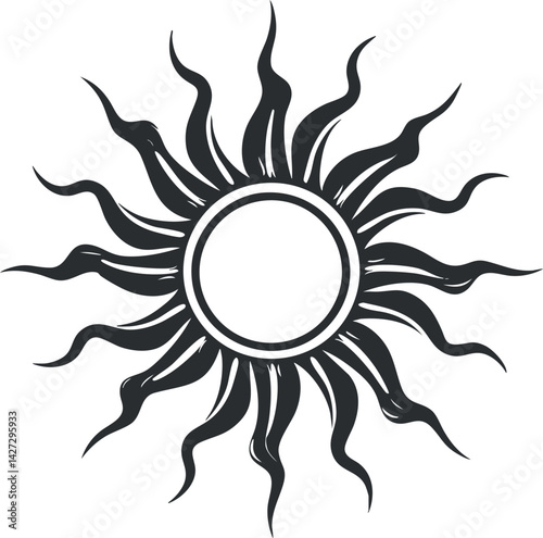 A stylized black sun symbol with wavy rays and a circular center representing energy and warmth.