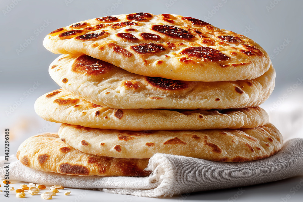 Stack of flatbread layers on seamless white background in photo-realistic style. Clean arrangement highlights texture and color. Concept of food industry, restaurants, catering