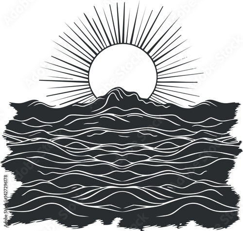 A minimalist illustration of a sun rising over stylized ocean waves.