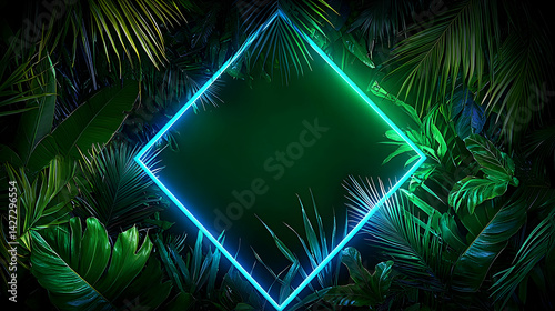 Neon Glowing Frame With Tropical Plants