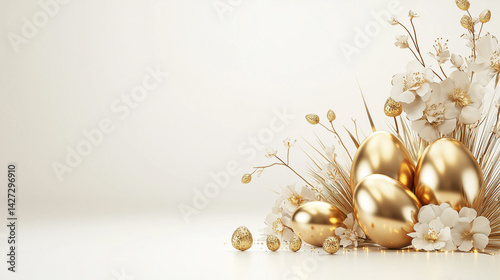 Modern 3D Easter Event Banner with Glowing Golden Eggs and Floral Elements, Luxury Festive Theme, Ultra-HD, Generated AI
