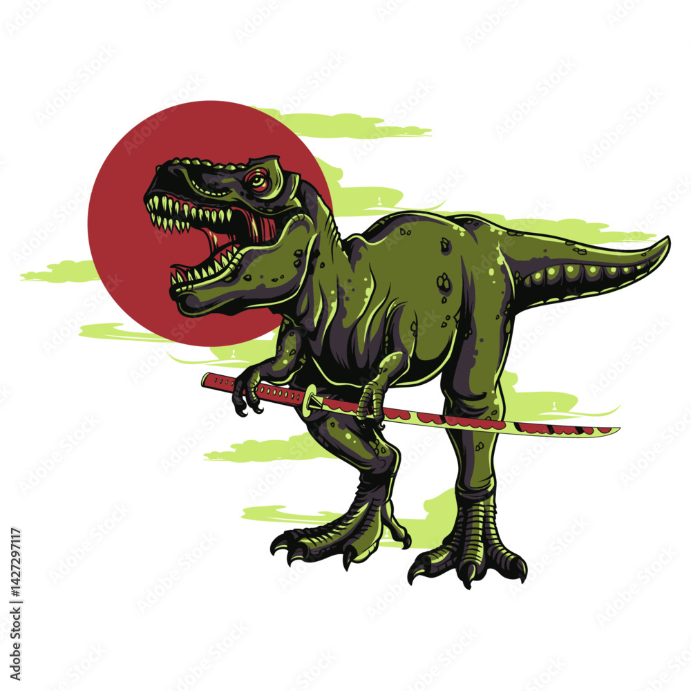 Fototapeta premium Samurai Tyrannosaurus Rex Illustration: A fearsome Tyrannosaurus Rex stands ready, wielding a samurai sword against a backdrop of a bold red sun and vivid green accents.