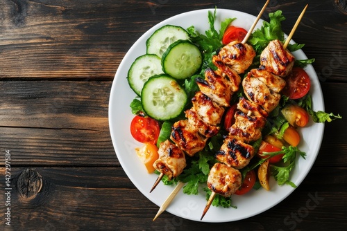 Delicious grilled chicken skewers served with fresh salad and cucumbers.