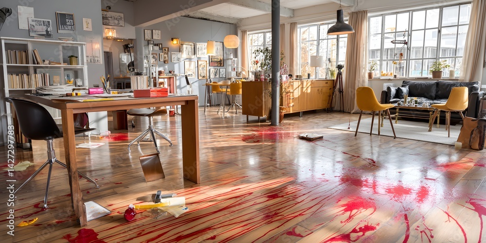 Obraz premium A meticulously staged crime scene in a modern city apartment. Bloodstains splattered on the polished wooden floor. Multiple pieces of evidence. An atmosphere that conveys tension and mystery.