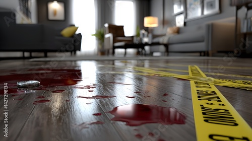 A meticulously staged crime scene in a modern city apartment. Bloodstains splattered on the polished wooden floor. Multiple pieces of evidence. An atmosphere that conveys tension and mystery. photo