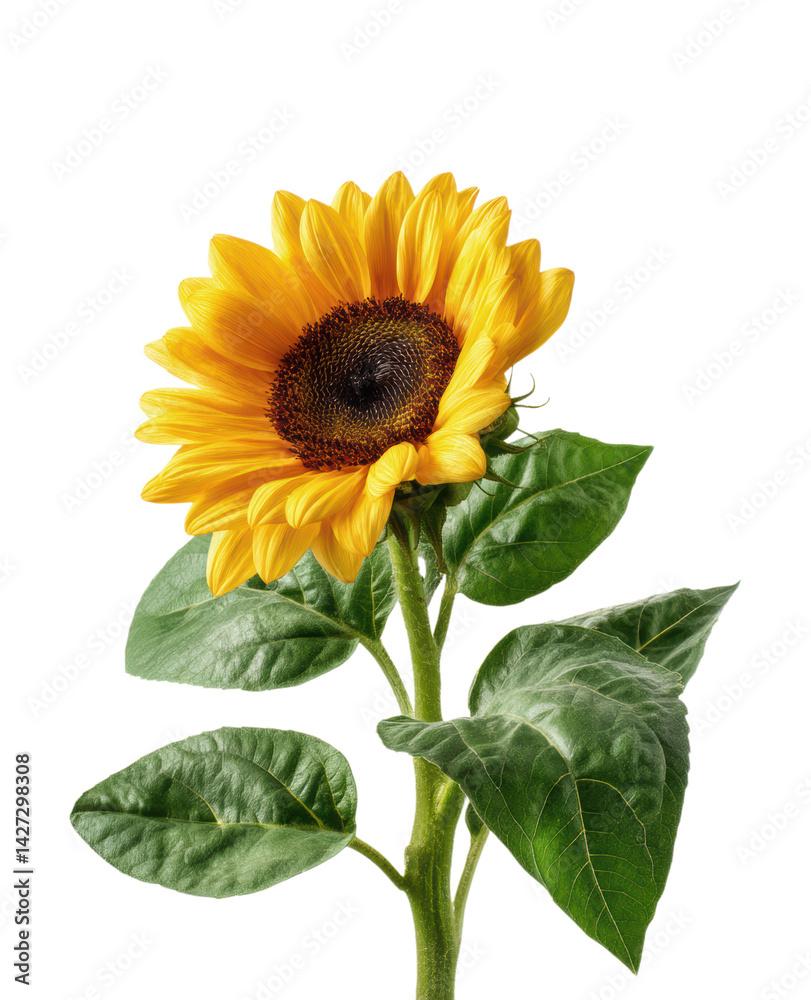 Obraz premium Beautiful Fresh Blooming Sunflower with Green Leaves on Single Stem in Full Bloom Summer Garden Flower Head Isolated on Transparent and White Background