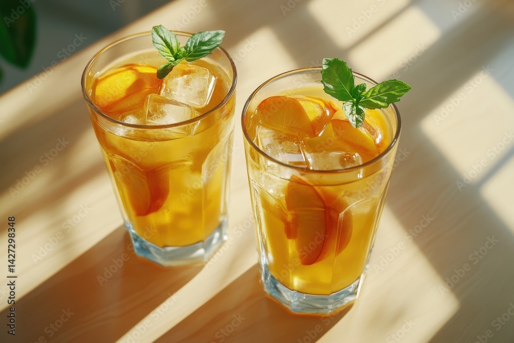 Refreshing iced tea with lemon and mint, served in two glasses on a sunny table. Refreshing iced tea with lemon and mint, served in two glasses on a sunny table.